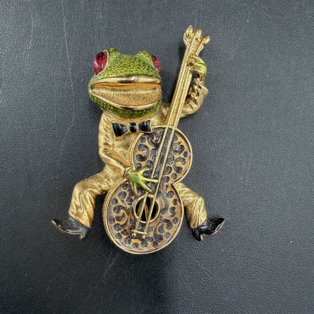 Vintage Kenneth Jay lane KJL Frog Guitar Bass Gold Brooch Pin Musician Enamel